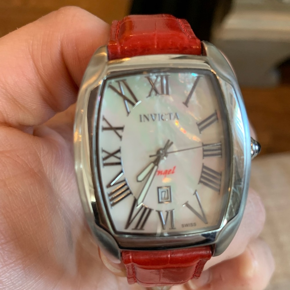woman’s Invicta angel red croc leather watch